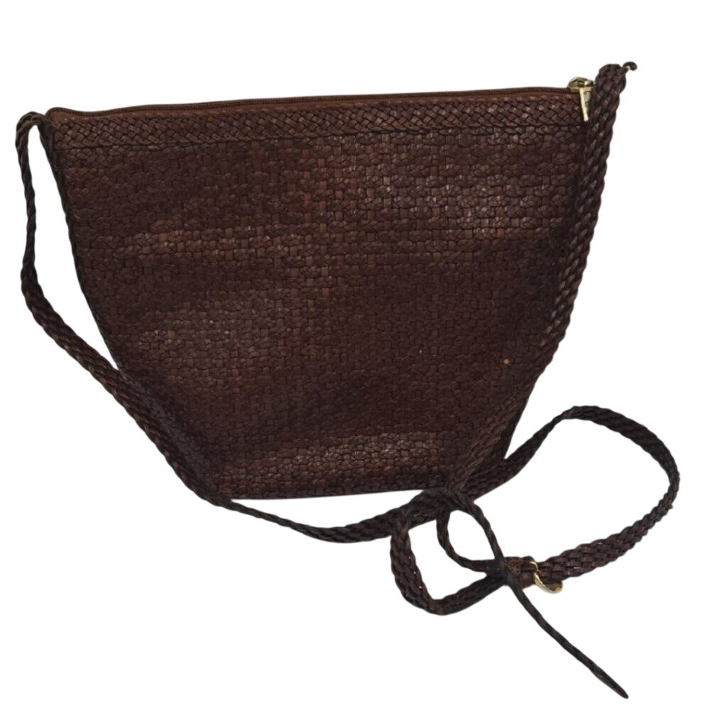 Vintage CEM Woven 100% Leather Crossbody Bucket Bag Brown Braided Strap Boho‎